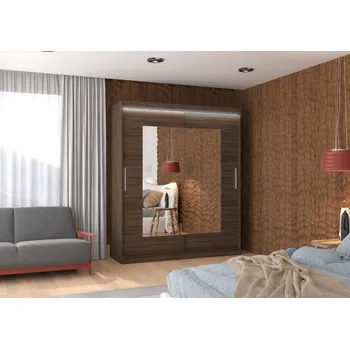 Šatní skříň ADRK Šatní zrcadlová skříň posuvná s LED osvětlením ROSETTE CH 180 L, choco