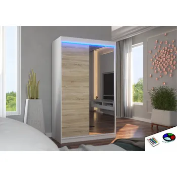 Šatní skříň ADRK Šatní zrcadlová skříň posuvná s LED osvětlením REWENA W-S 120 L, dub sonoma/bílá