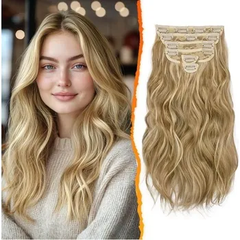 Čelenka BARSDAR Clip-in prodlužování vlasů - 6 ks vlnitých melírovaných prodlužování vlasů pro ženy, 40 cm