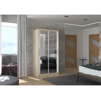 Šatní skříň ADRK Šatní zrcadlová skříň posuvná NEVIO S-W 100, bílá/dub sonoma