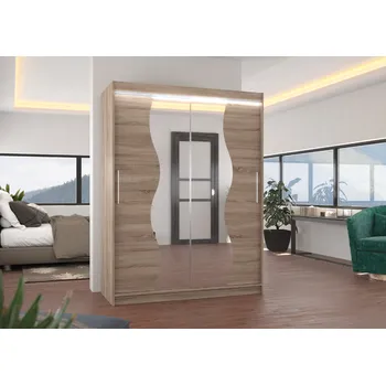 Šatní skříň ADRK Šatní zrcadlová skříň posuvná s LED osvětlením RENZO T 150 L, truffle