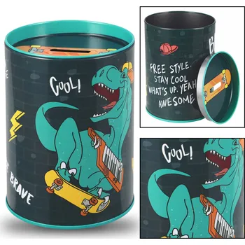 Pokladnička Skateboardová kovová kasička Dinosaurus, kulatá kasička pro děti Vícebarevná