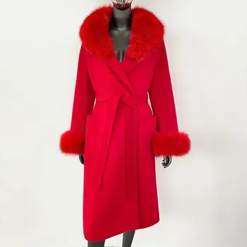 Dámský kabát Dámský kabát z vlny a liščí kožešiny – elegantní, dlouhý Velikost: M, Barva (Varianta): Červená