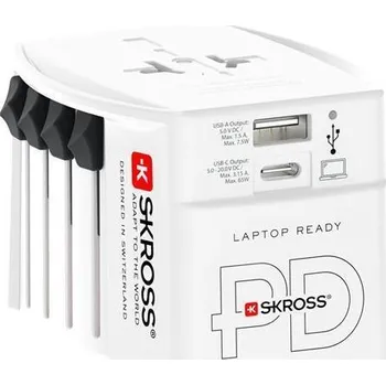Cestovní adaptér Cestovní adaptér, bílá, 1x USB-A / 1x USB-C PD, 65W, kabel USB-C, SKROSS 1.302976