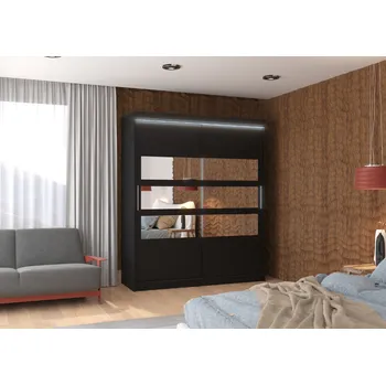 Šatní skříň ADRK Šatní zrcadlová skříň posuvná s LED osvětlením TOLEDO B 180 L, černá