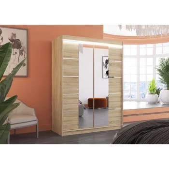 Šatní skříň ADRK Šatní zrcadlová skříň posuvná s LED osvětlením NORDIC S 150 L, dub sonoma