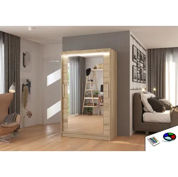 Šatní skříň ADRK Šatní zrcadlová skříň posuvná s LED osvětlením TIBAGO S 120 L, dub sonoma