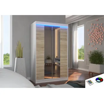 Šatní skříň ADRK Šatní zrcadlová skříň posuvná s LED osvětlením MARVIN W-S 120 L, dub sonoma/bílá