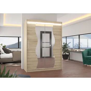 Šatní skříň ADRK Šatní zrcadlová skříň posuvná s LED osvětlením RENZO S 150 L, dub sonoma