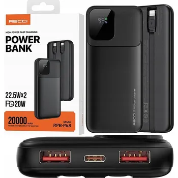 Powerbanka RYCHLÁ POWERBANKA 20000MAH 22,5W 3A PD S INTEGROVANÝMI KABELY A DISPLEJEM RECCI