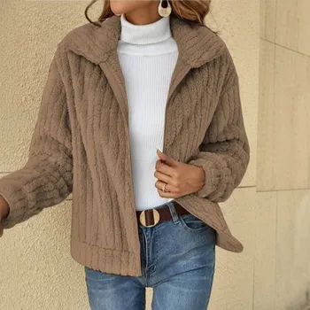 Dámský svetr Dámský plyšový cardigan – krátký střih, měkký a teplý, zip a límec Barva: Khaki, Velikost: L