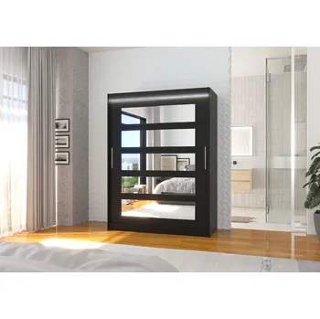 Šatní skříň ADRK Šatní zrcadlová skříň posuvná s LED osvětlením MURANI B 150 L, černá