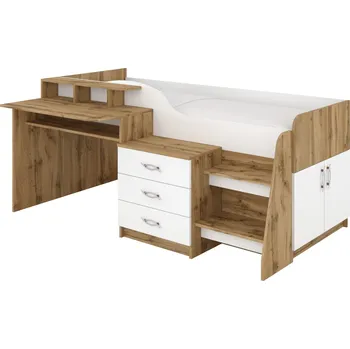 Dětská postel Slevadoma Patrová postel SPEYS, 90 x 200 cm, s psacím stolem a komodou Barva: dub tacho + bílá