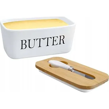 Dóza na potraviny Keramická máslenka bílá, dóza na máslo s nožem a dřevěným víkem