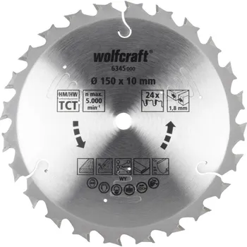 Pilový kotouč Wolfcraft 6345000 pilový kotouč 150 x 10 x 1.8 mm Počet zubů (na palec): 24 1 ks