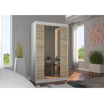 Šatní skříň ADRK Šatní zrcadlová skříň posuvná MARVIN W-S 120, dub sonoma/bílá