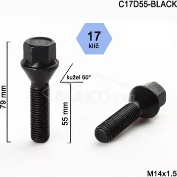 Šroubek na kolo Kolový šroub M14x1,5x55mm, dosedací plocha kužel, klíč 17, černý (Šroub na kola)