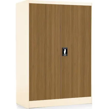 Policová skříň Střední univerzální kovová skříň s imitací dřeva 90 x 40 x 120 cm, cylindrický zámek, ořech / ral 9003