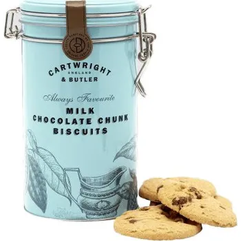 Cukrovinka Cartwright & Butler Milk Chocolate Chunk Biscuits Sušenky s kousky mléčné čokolády v plechovce, 200 g