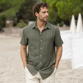 Propínací košile z bavlny-lnu, s krátkými rukávy khaki 3XL