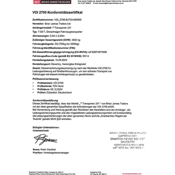 Přívěs Certifikát VDI 2700 pro autopřepravníky Brian James
