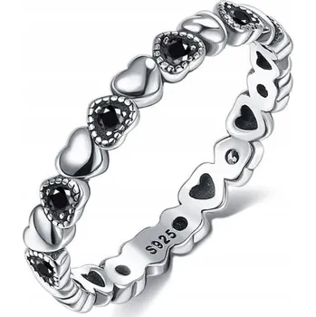 Prsten Prstýnek černá srdíčka zirkony stříbro vel 17