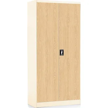 Policová skříň Univerzální kovová skříň s imitací dřeva, 90 x 40 x 185 cm, cylindrický zámek, buk / ral 9003