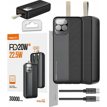 Powerbanka RYCHLÁ POWERBANKA 30000MAH 22,5W 3A PD S INTEGROVANÝMI KABELY A DISPLEJEM RECCI