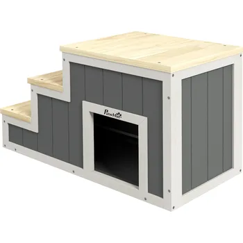 Pelíšek pro psa PawHut Schody pro psy 2 v 1 Schody pro kočky s jeskyní 3 stupně Dřevěná rampa pro psy a kočky do 30 kg | Aosom.de