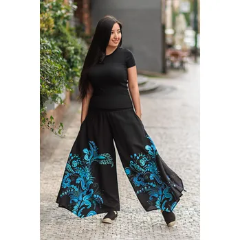 Dámské kalhoty Himalife Široké kalhoty Samsa - černá s tyrkysovou Velikost: XXL/3XL - Móda pro plnoštíhlé, Oblečení nadměrné velikosti