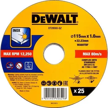 Řezný kotouč DeWALT DT20593-QZ - Kotouč řezný pr. 115 x 1,0 x 22,2 mm na kov, nerez (inox) (balení 25 ks)