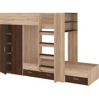 Postel Slevadoma Patrová postel NEMO, 90 x 200 cm, se šatní skříní a zásuvkami Barva: dub sonoma + ořech - tmavý