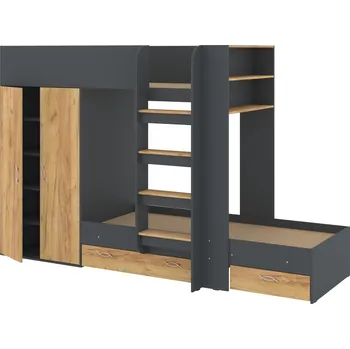 Postel Slevadoma Patrová postel NEMO, 90 x 200 cm, se šatní skříní a zásuvkami Barva: antracit + dub tacho