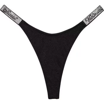 Dámské plavky Victoria's Secret dámský spodní díl plavek, černé tanga Scipt Shine s kamínky M
