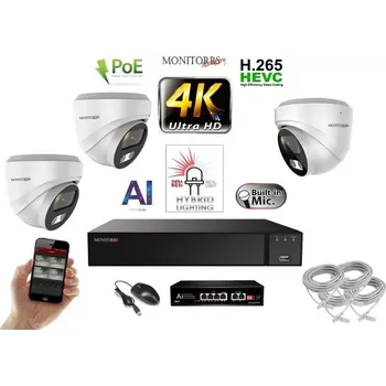 Kompletní kamerový systém MS AI Hybrid Light IP 3 kamerový set se switchem 8 Mpix WDome (6481K3B) (Monitorrs Security)