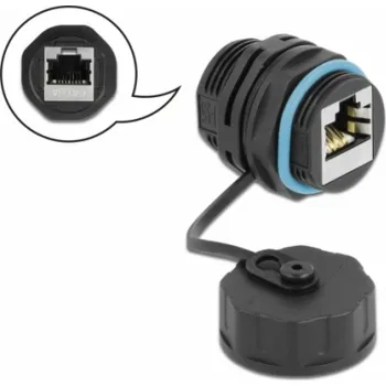 Síťový konektor Delock Konektor kabelu ze zásuvkového RJ45 na zásuvkový RJ45, kategorie 6A s ochranným víčkem, vodotěsný