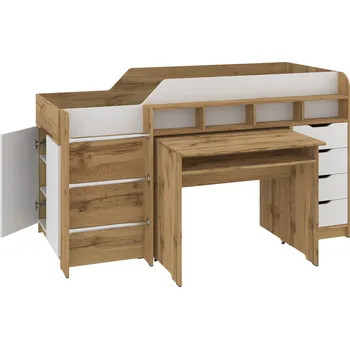 Dětská postel Slevadoma Patrová postel LEGENDA, 90 x 200 cm, s psacím stolem, komodou a regály Barva: dub tacho + bílá