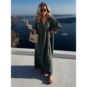 Dámské šaty Khaki mušelínové dlouhé oversize šaty CHASTE Velikost: ONESIZE