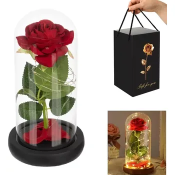 Žertovný předmět Zasklená růže na tmavém podstavci s LED světlem - červená