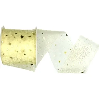 Stuha Stuha vánoční Organza Starshine - Creamy Gold krémová 60mm x 3m (16,-Kč/m) (Stuha vánoční krémová, organzová, transparentní, zlatý potisk hvězd)