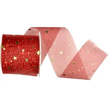 Stuha Stuha vánoční Organza Starshine – Ruby Red červená 60mm x 3m (16,-Kč/m) (Stuha vánoční červená, organzová, transparentní, potisk zlatých hvězd)
