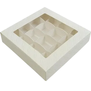 Dárková krabička Krabička na pralinky s mřížkou a průhledným okénkem - bílá kůže 16x16x3 cm