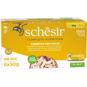 Krmivo pro kočku 6x50g Schesir Complete Nutrition Filet v želé - tuňák s kuřecím