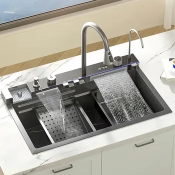 Nerezový dřez Jednokomorový ocelový dřez s dvojitým vodopádem 75 x 45 cm, PVD grafit, VELAZO VELAZ7545HQ