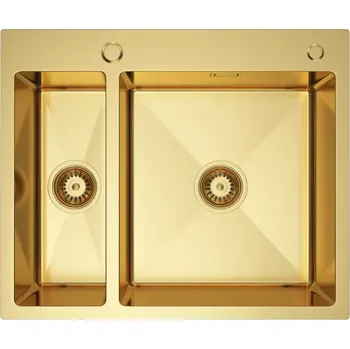 Nerezový dřez VELAZO - Ocelový kuchyňský dřez 61×51, zlatý PVD, jeden a půl dřezu se sifonem VELAZ6151G
