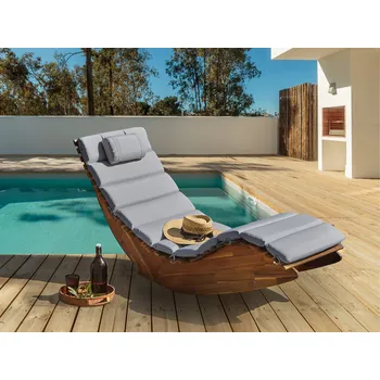 Zahradní lehátko Zahradní lehátko světlé akáciové dřevo s šedým melanž polštářem lamelový design houpací zahřivený tvar terasa zahrada Beliani