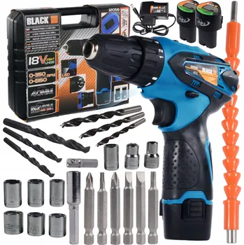 SADA AKUMULÁTOROVÝCH AKU ŠROUBOVÁK 18 V 2 x BATERIE + POUZDRO + PŘÍSLUŠENSTVÍ BLACK
