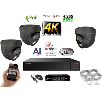 Kompletní kamerový systém MS AI Hybrid Light IP 3 kamerový set se switchem 8 Mpix GDome (6482K3B) (Monitorrs Security)