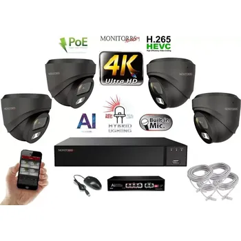 Kompletní kamerový systém MS AI Hybrid Light IP 4 kamerový set se switchem 8 Mpix GDome (6482K4B) (Monitorrs Security)