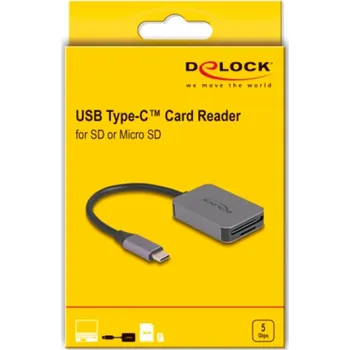 Čtečka paměťových karet Čtečka karet DeLOCK USB Type-C pro paměťové karty SD nebo Micro SD, čtečka karet